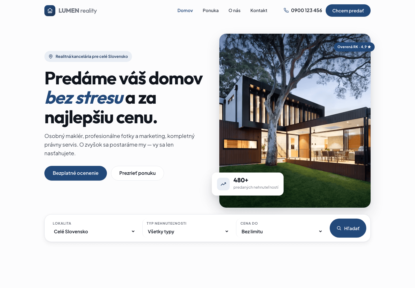Domovská stránka šablónového webu s vyhľadávaním a najnovšou ponukou